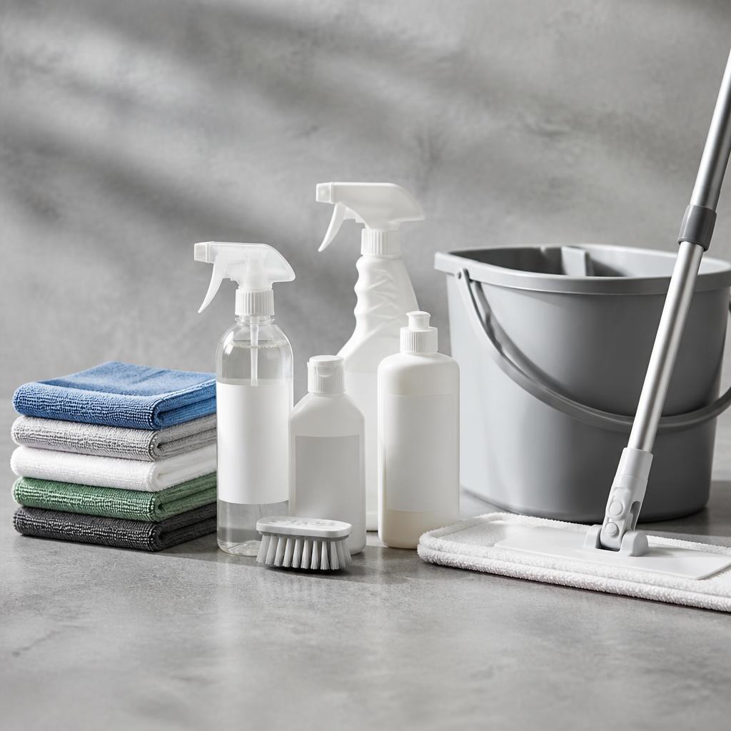 Professional cleaning supplies, microfiber cloths, mop and bucket ready for a job